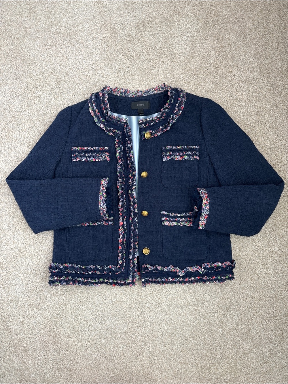 Navy tweed J. Crew Lady Jacket with Liberty floral trim & ruffled edges, size 10 - Picture 2 of 9